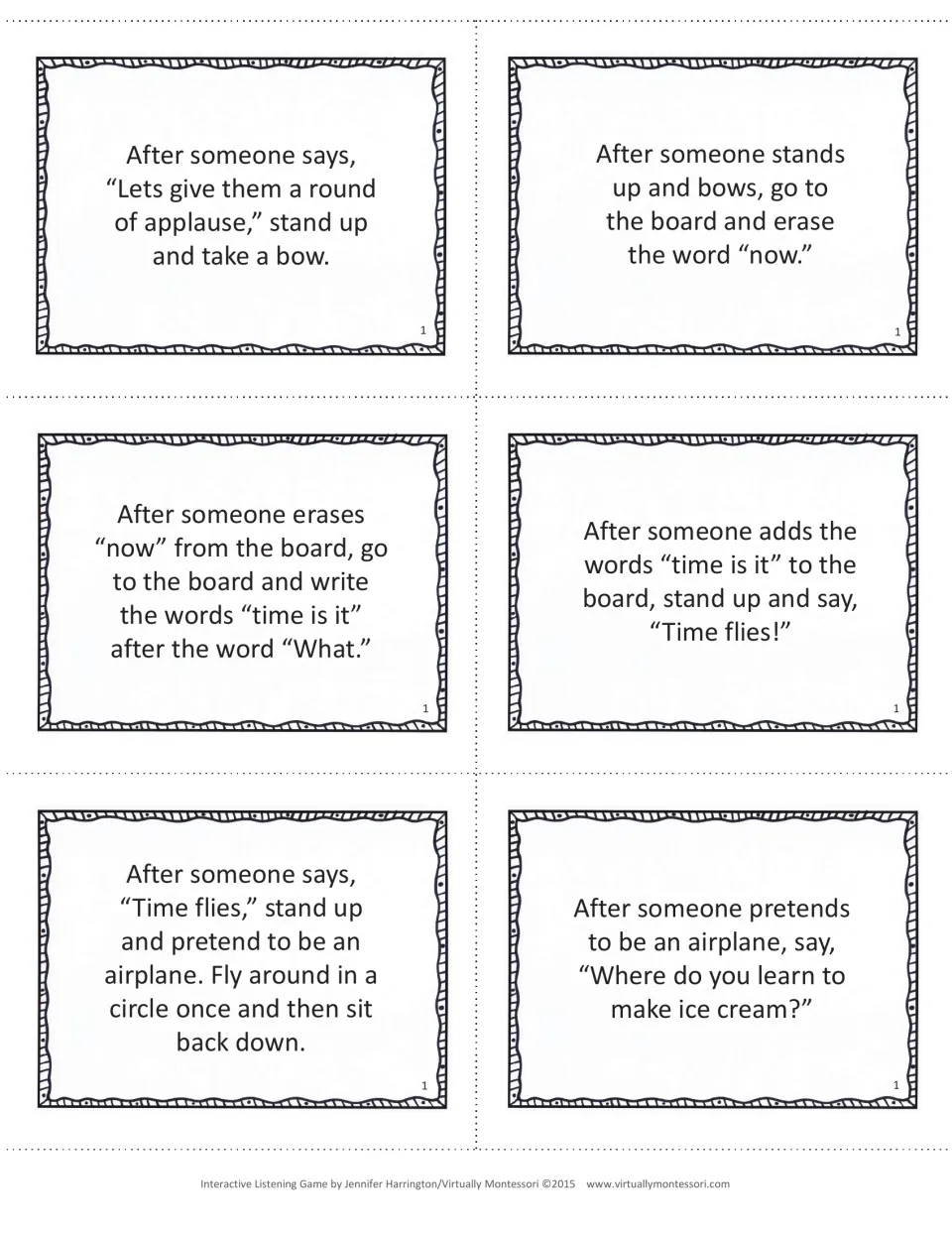 Game 1 cards: clues to take a bow, build "What time is it" on the board and pretend to be an airplane