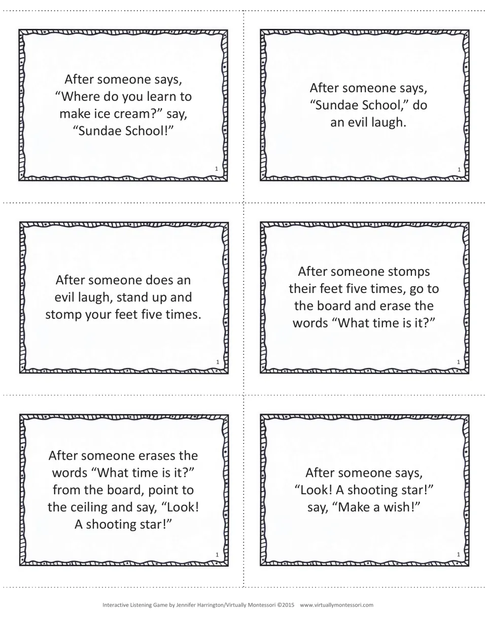 Game 1 cards: listening cues for the "Sundae School" joke, an evil laugh, foot stomps and a shooting star