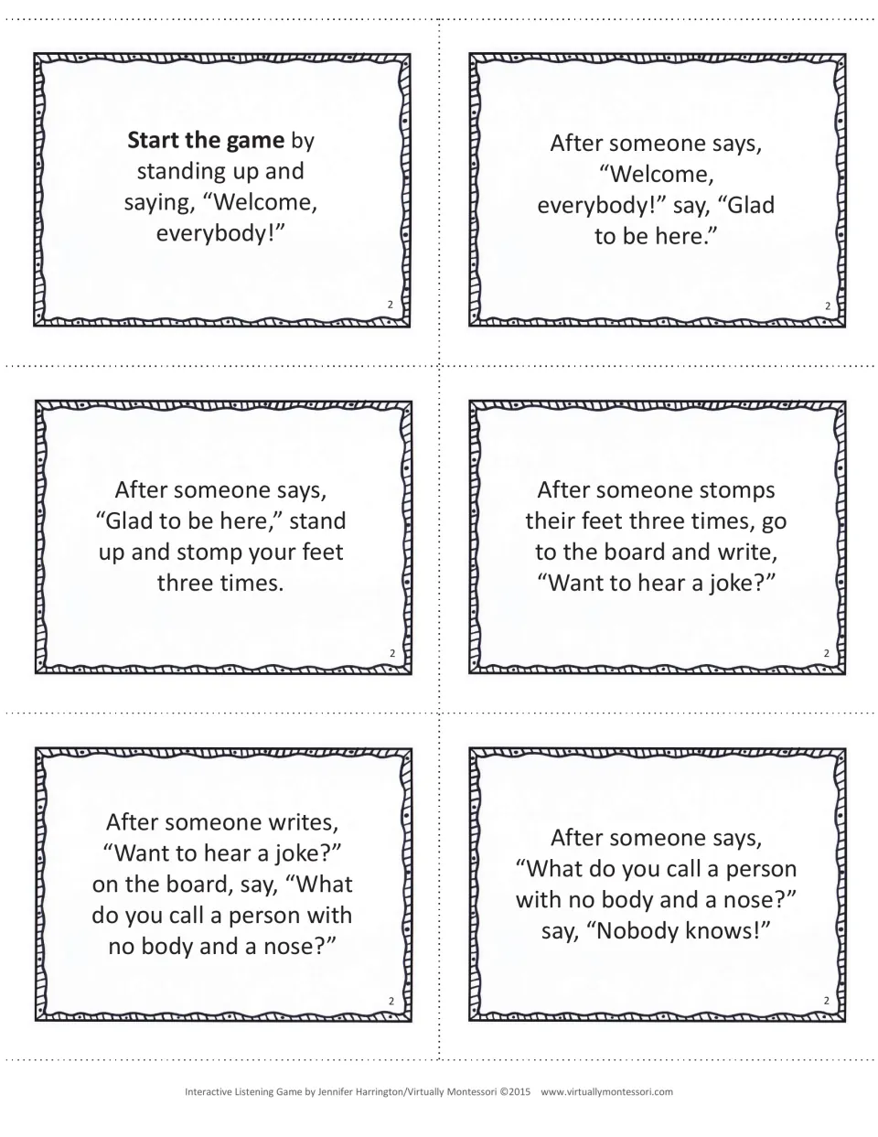 Game 2 cards: listening cues that start with "Welcome, everybody!" plus foot stomps and a "Nobody knows" joke