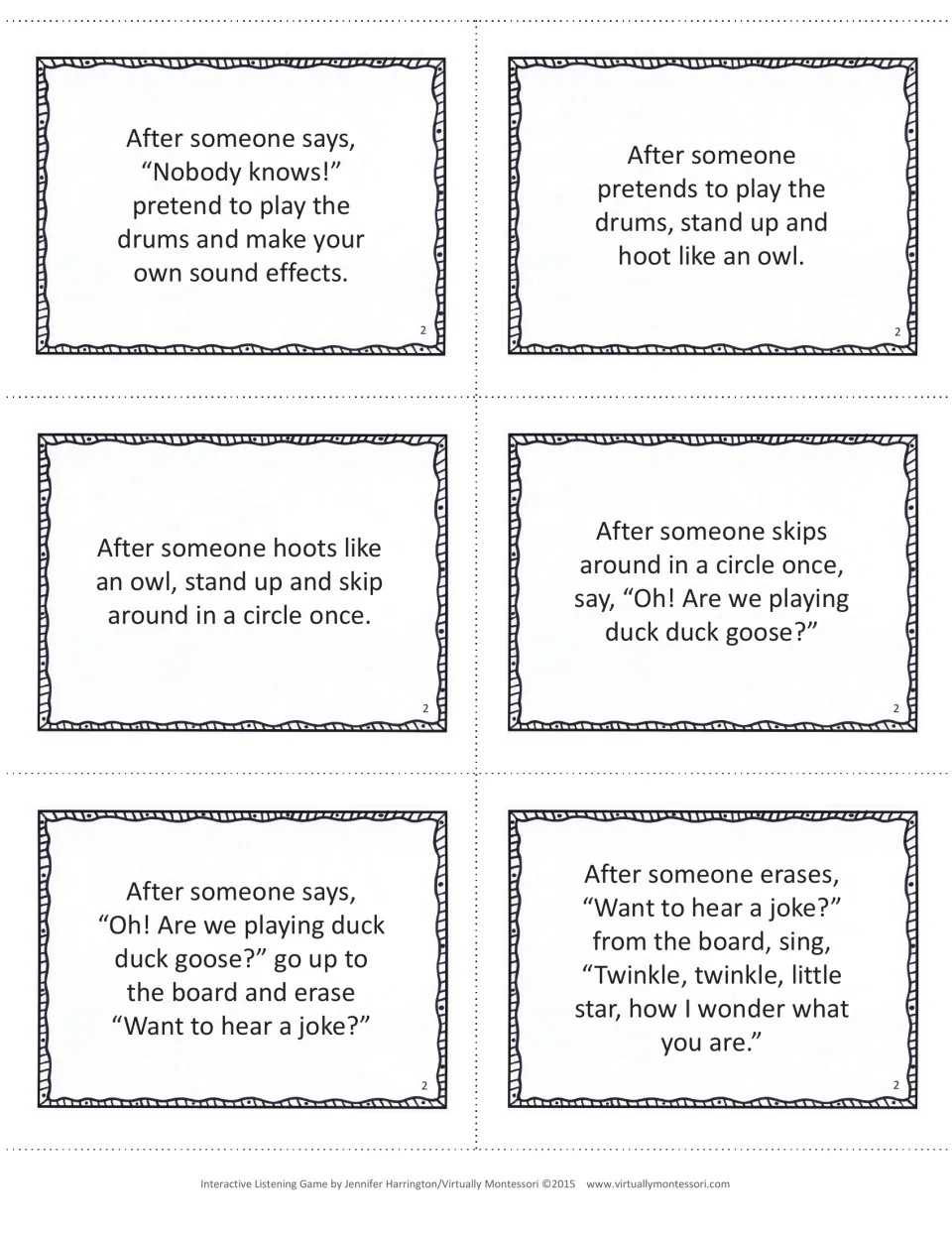 Game 2 cards: clues to play pretend drums, hoot like an owl, skip in a circle and sing "Twinkle, twinkle, little star"