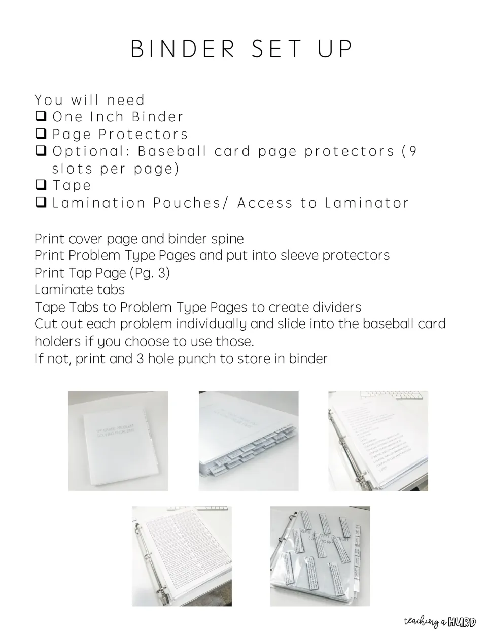 Binder setup steps: supply checklist, then print, laminate and tape tabs and cut out problems, with 5 photos of the binder