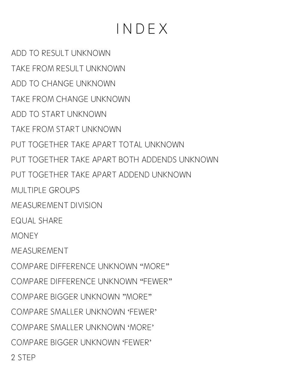 Index listing 21 word problem types, from add to result unknown through compare bigger unknown fewer and 2 step