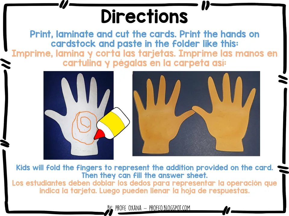 Directions in English and Spanish: glue cut-out hands into a folder, then fold fingers to show each addition card's sum