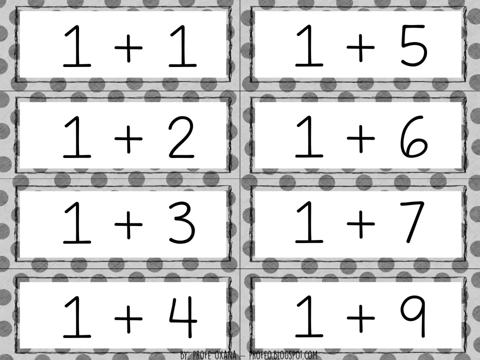 Addition fact cards adding 1: 1+1, 1+2, 1+3, 1+4, 1+5, 1+6, 1+7 and 1+9 for students to model by folding fingers