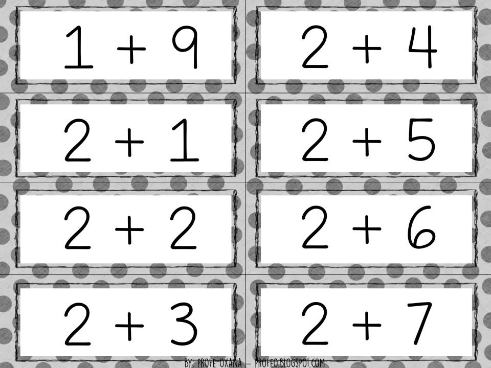Addition fact cards 1+9, 2+1, 2+2, 2+3, 2+4, 2+5, 2+6 and 2+7 to solve by folding fingers on the paper hands