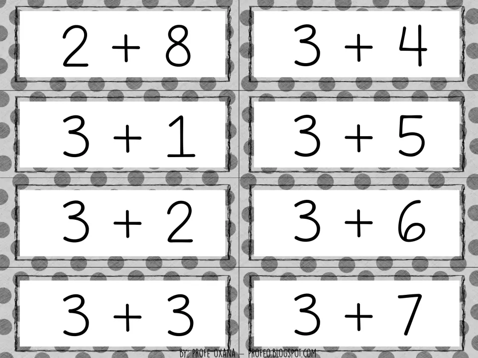 Addition fact cards 2+8, 3+1, 3+2, 3+3, 3+4, 3+5, 3+6 and 3+7 for counting on with folded fingers to find each sum