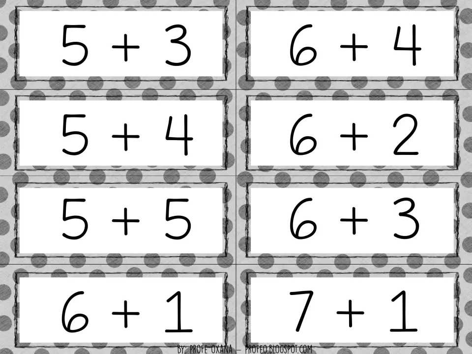 Addition fact cards 5+3, 5+4, 5+5, 6+1, 6+4, 6+2, 6+3 and 7+1 with sums up to 10, modeled by folding fingers