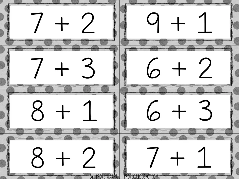 Addition fact cards 7+2, 7+3, 8+1, 8+2, 9+1, 6+2, 6+3 and 7+1 adding on to bigger numbers with folded fingers