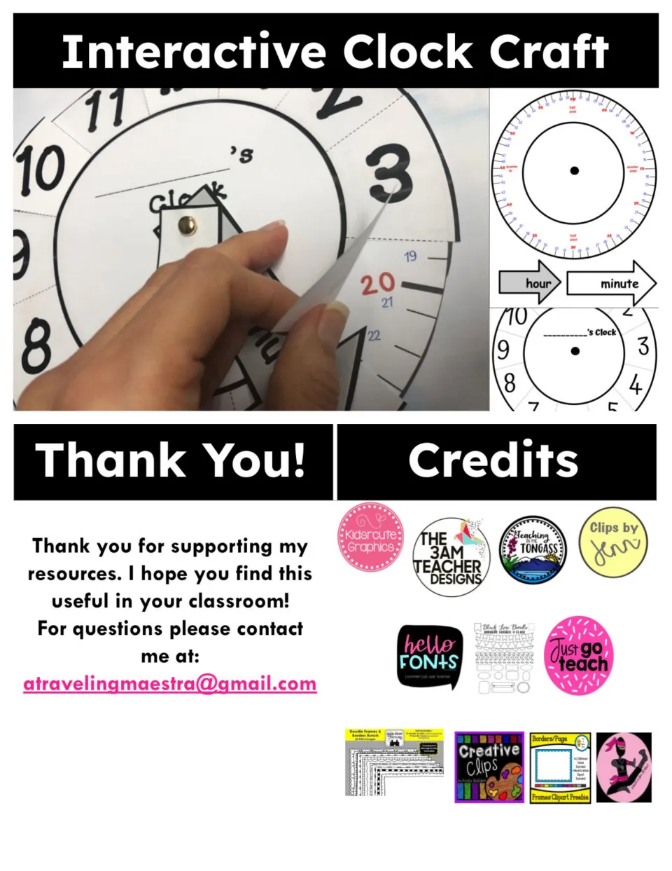 Interactive Clock Craft cover: photo of the finished paper clock with lift flaps, a thank-you note and clip-art credits