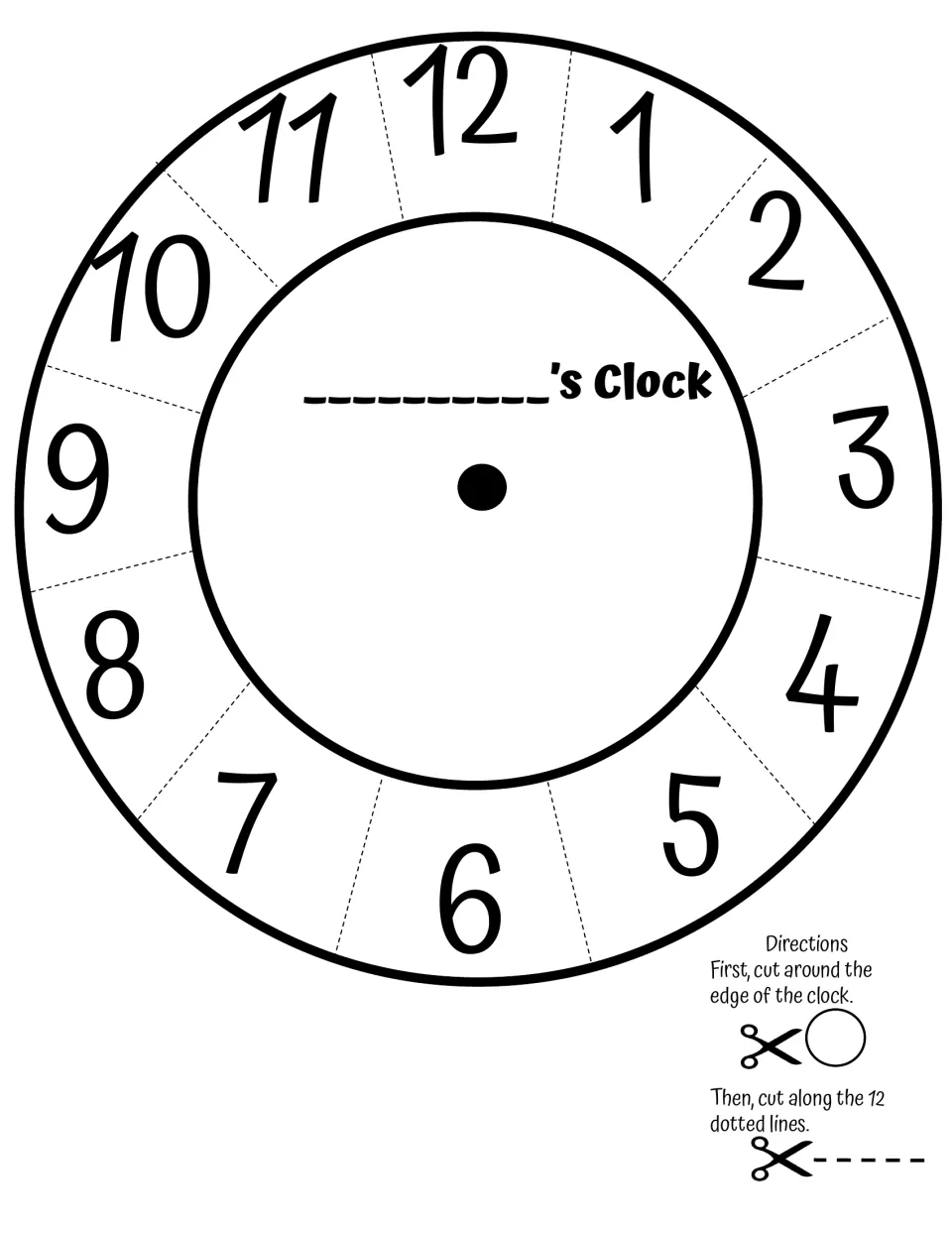Hour clock face with numbers 1 to 12 and a name line; students cut out the circle and cut 12 dotted lines to make flaps