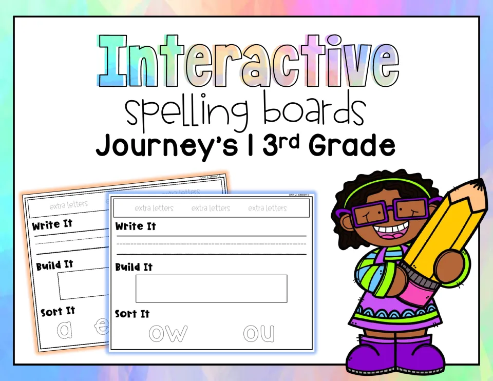 Cover of Interactive Spelling Boards, Journey's 3rd Grade, showing sample Write It, Build It, Sort It mats