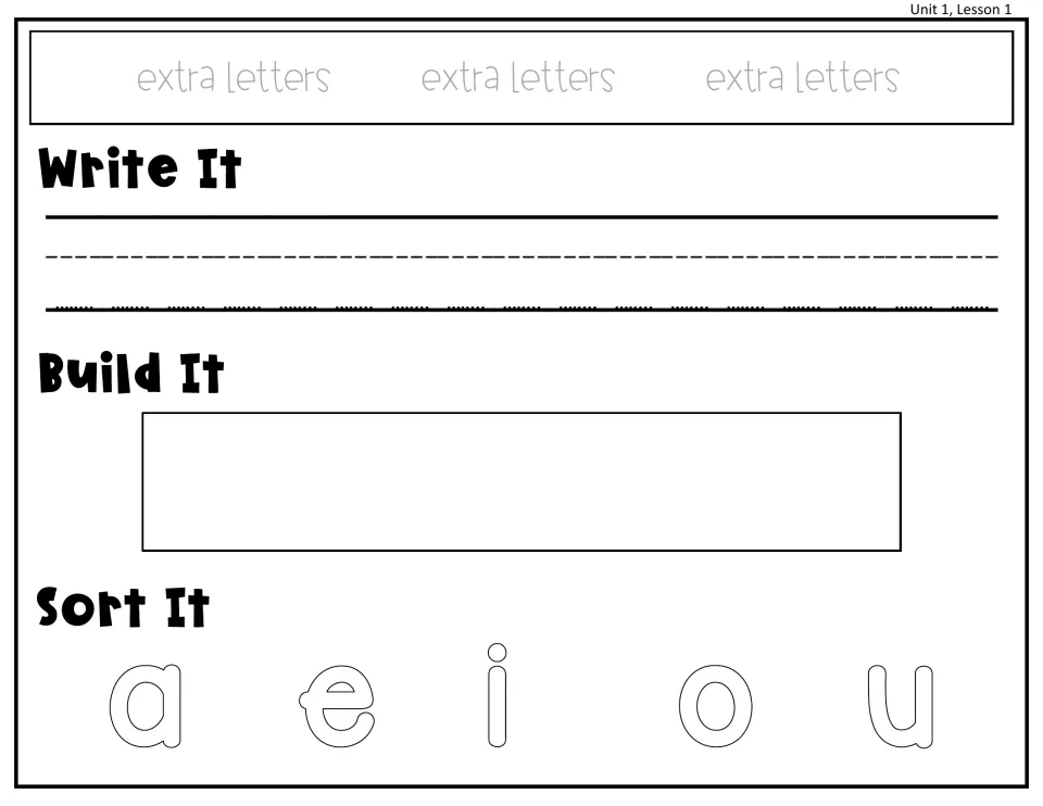 Unit 1, Lesson 1 vowel sort: students write a word, build it with letters, then sort it under a, e, i, o or u