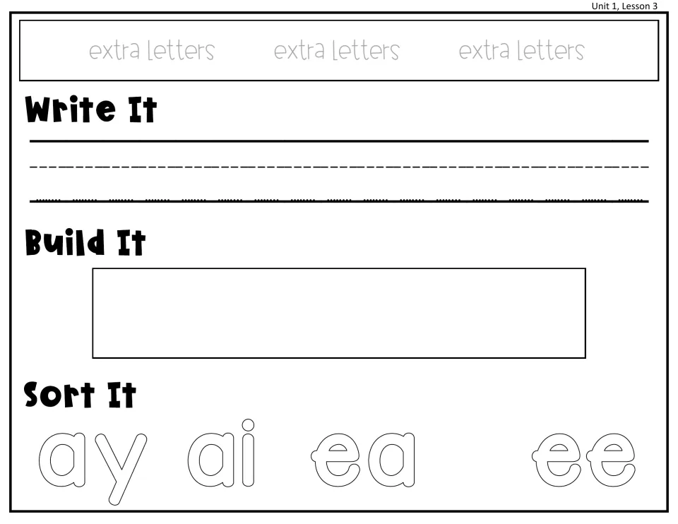 Unit 1, Lesson 3 long a and long e vowel teams: write a word, build it, then sort it into ay, ai, ea or ee