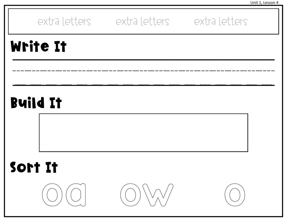 Unit 1, Lesson 4 long o spellings: students write a word, build it with letters and sort it under oa, ow or o