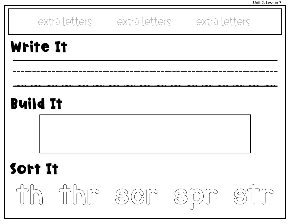 Unit 2, Lesson 7 consonant clusters: write a word, build it, then sort it by th, thr, scr, spr or str at the beginning