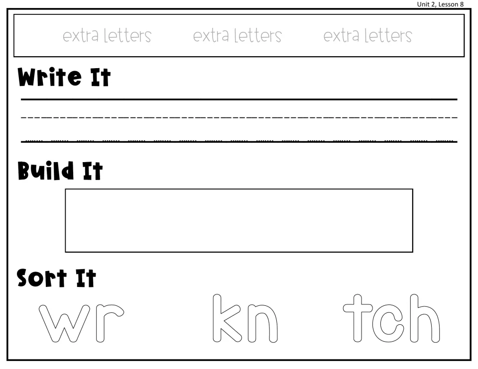 Unit 2, Lesson 8 spelling patterns: students write a word, build it with letters and sort it into wr, kn or tch groups