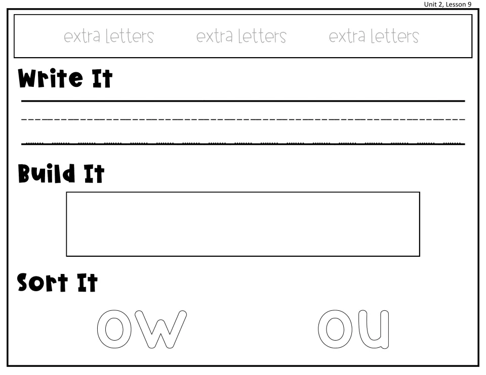 Unit 2, Lesson 9 vowel sound in cow and out: students write a word, build it, and sort it by its ow or ou spelling