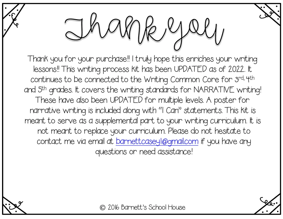 Thank-you note from the author saying the updated narrative writing kit supplements, not replaces, a curriculum