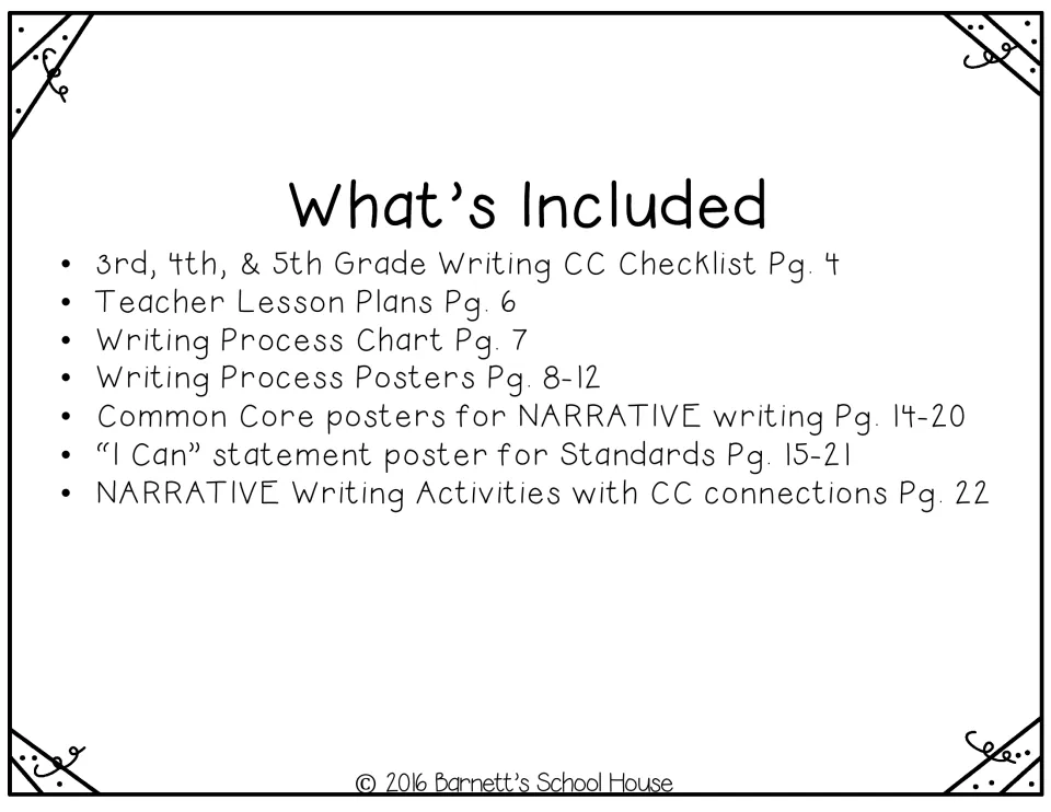 What's Included list: standards checklist, lesson plans, process chart, posters, I Can poster, narrative activities