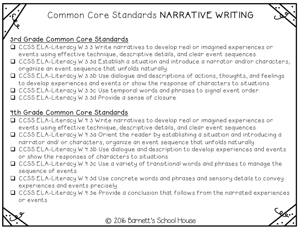 Narrative writing standards checklist listing the 3rd and 4th grade Common Core W.3.3 and W.4.3 items with check boxes