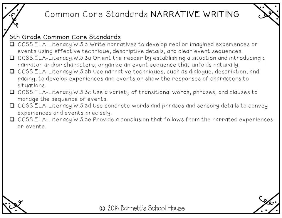 Narrative writing standards checklist continued with the 5th grade Common Core W.5.3 items, each with a check box