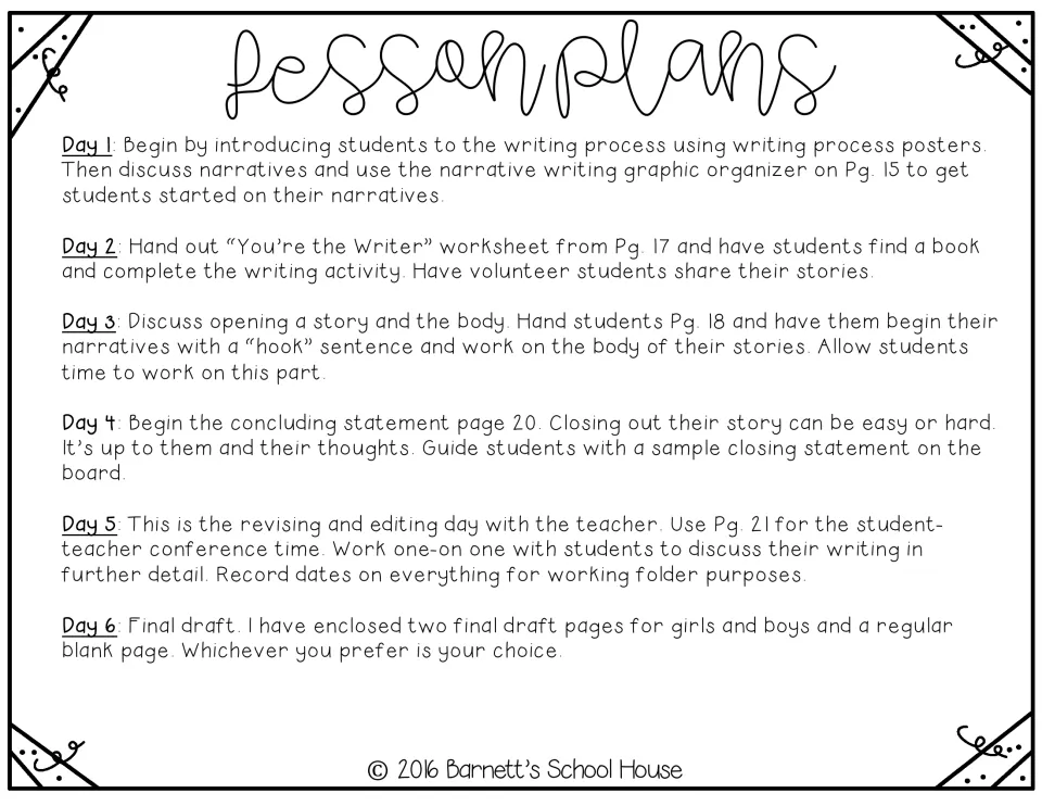 Lesson plans for a six-day narrative unit, from the writing process posters and organizer to conferences and final draft