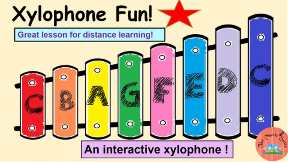Cover of the interactive xylophone activity, showing eight colored bars labeled C, B, A, G, F, E, D, C