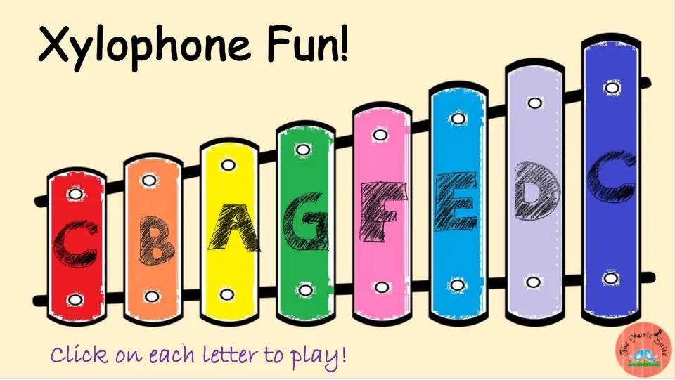 First playable xylophone: colored bars labeled C, B, A, G, F, E, D, C, with directions to click each letter