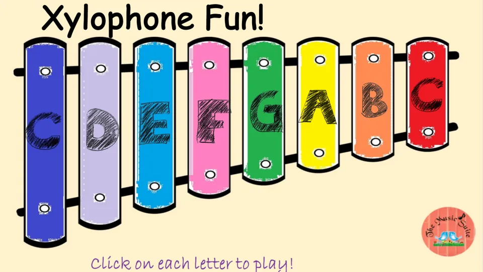 Second playable xylophone: colored bars labeled C, D, E, F, G, A, B, C, with directions to click each letter