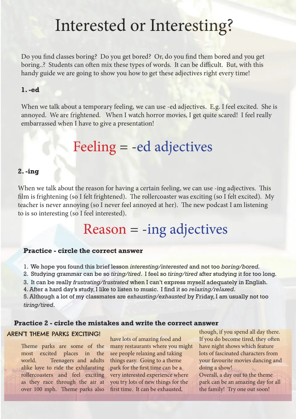 -ed vs -ing adjectives: feeling vs reason rules, then students circle the right word and fix errors in a theme park text