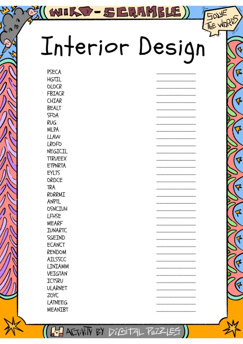 Interior design word scramble: 34 terms to unscramble, including PSECA, HGTIL, OLOCR, FBIACR, and CHIAR.
