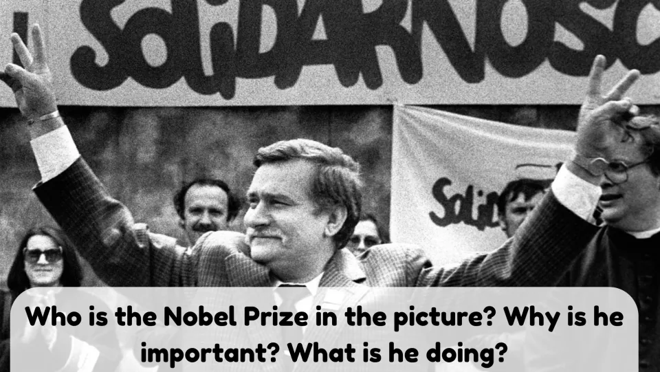 Picture description: a man raises both hands in V signs under a Solidarnosc banner; students say who he is and what he does