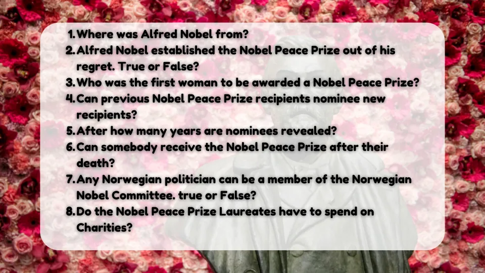 Listening comprehension questions: eight items on Alfred Nobel, nominations and laureates, including true or false items
