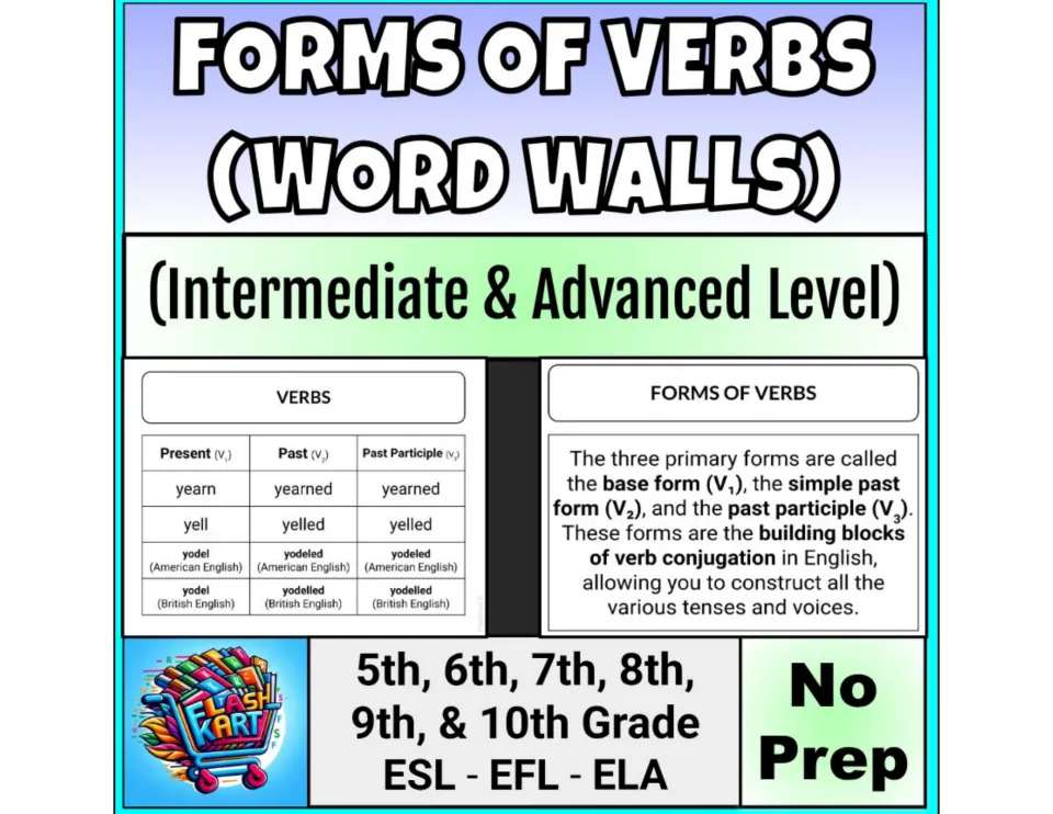 Forms of Verbs Word Walls cover, Intermediate & Advanced Level, previewing a V1-V2-V3 verb chart and a forms-of-verbs card