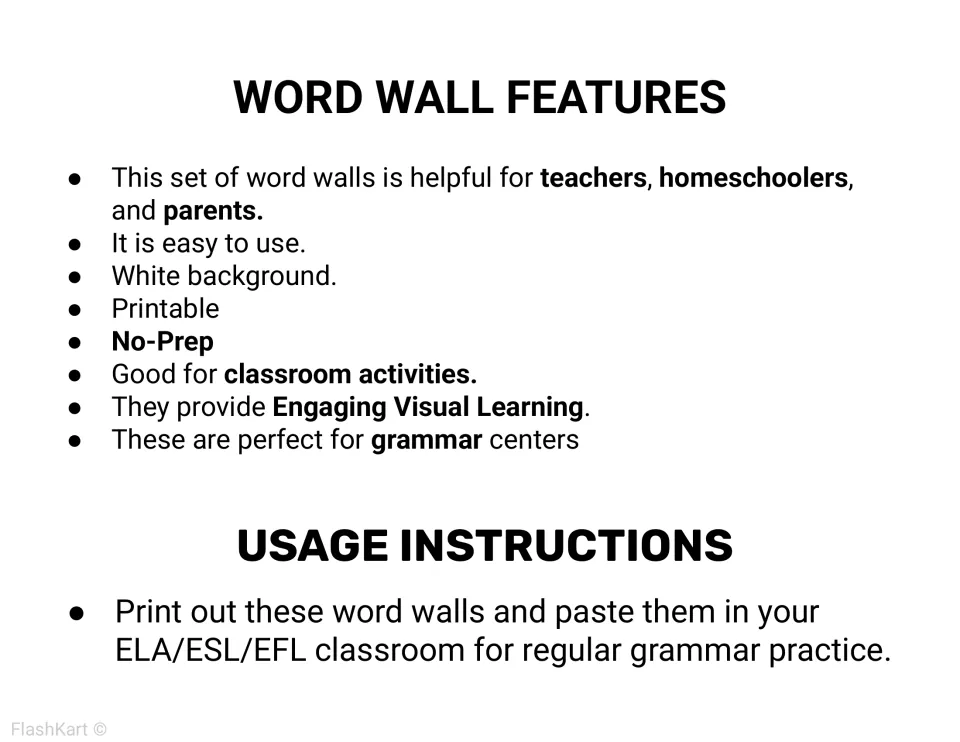 Word wall features and usage notes: print-ready, no-prep, white background; print and post the cards for grammar practice