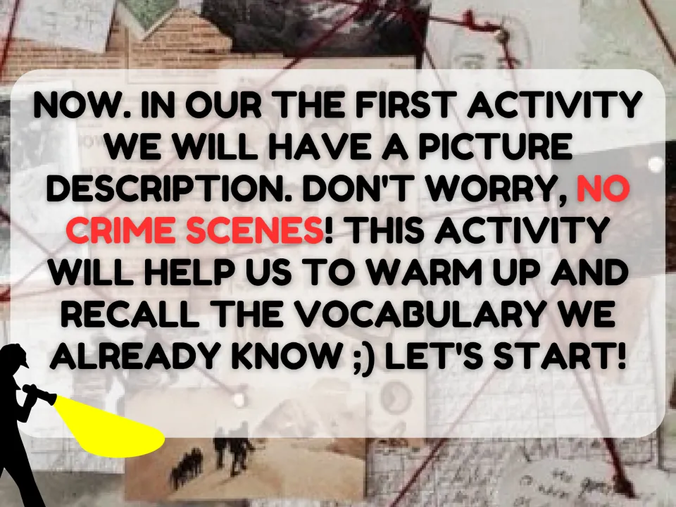 Picture description activity directions introduce a warm-up to recall vocabulary students already know