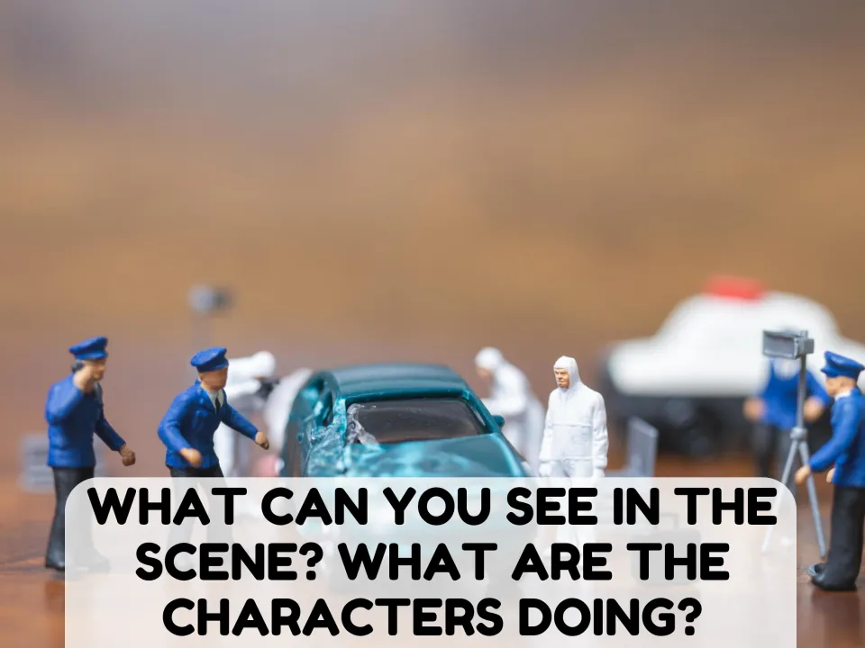 Second picture description task shows miniature police and forensic workers around a damaged car