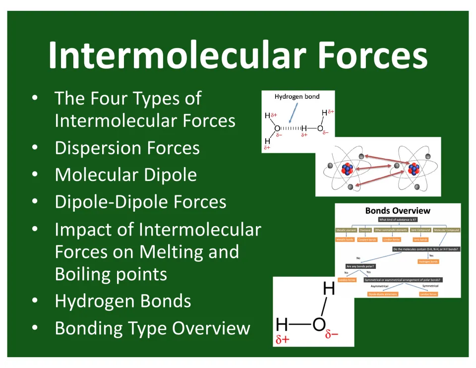 Lesson opening slide lists dispersion forces, molecular dipoles, hydrogen bonds, and melting and boiling points