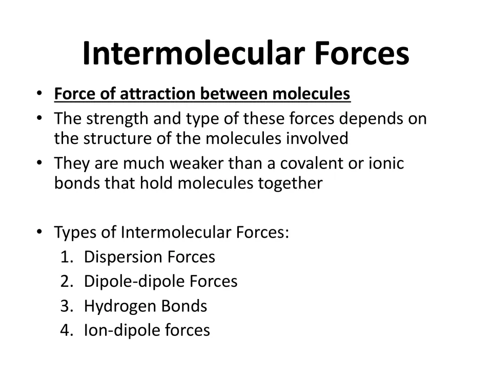 Lesson slide defines intermolecular attraction and lists dispersion, dipole-dipole, hydrogen, and ion-dipole forces
