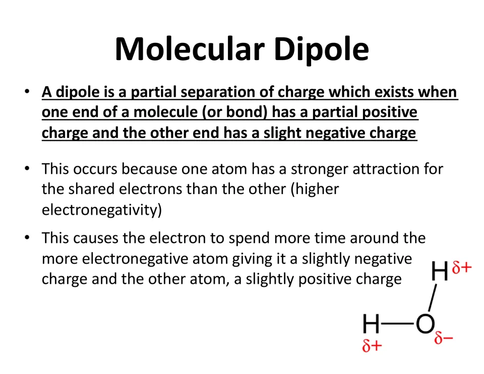 Molecular dipole lesson slide explains partial charges and electronegativity using a labeled water molecule