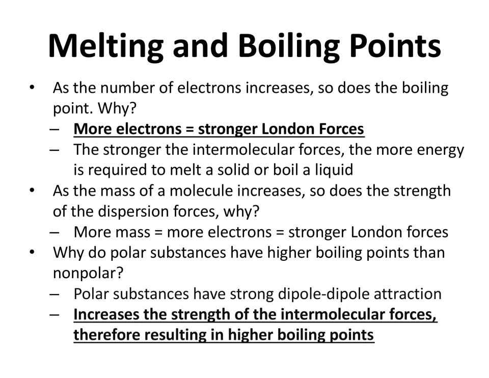 Melting and boiling points lesson slide links electron count, molecular mass, and polarity to force strength