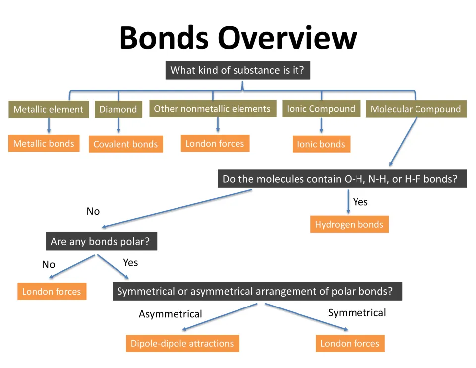 Bonds overview lesson slide uses a flowchart to identify bonding and forces from substance type and polarity