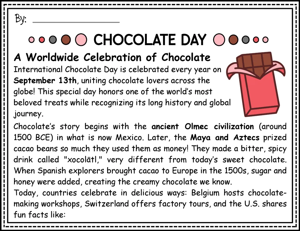 Color opening passage about September 13th, chocolate's history, cacao beans, and celebrations worldwide