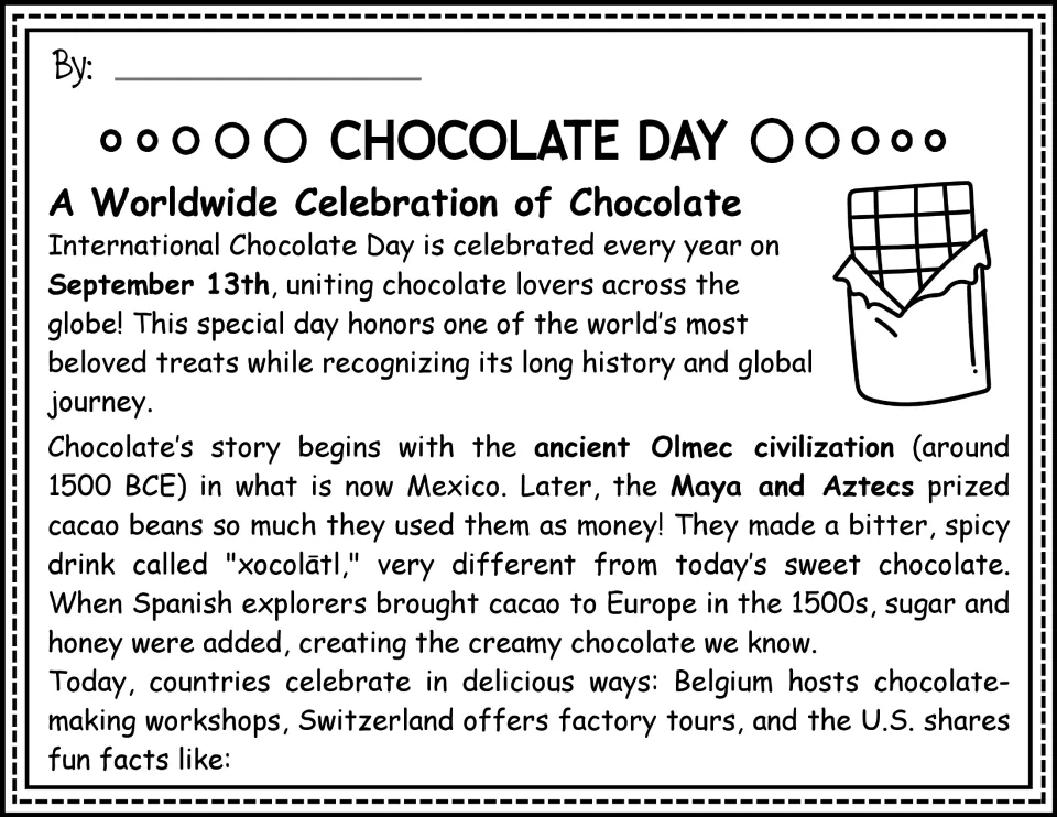 Black-and-white opening passage about September 13th, cacao's history, and chocolate celebrations worldwide