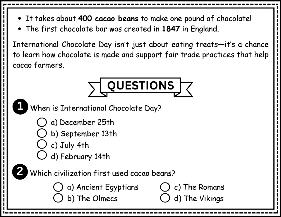 Passage conclusion on chocolate facts and fair trade, followed by questions 1–2 on the date and Olmecs