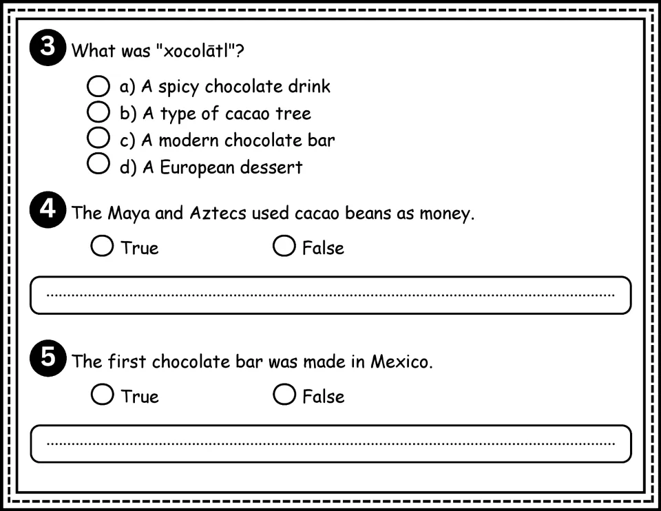 Questions 3–5 ask about xocolātl, cacao beans used as money, and where the first chocolate bar was made