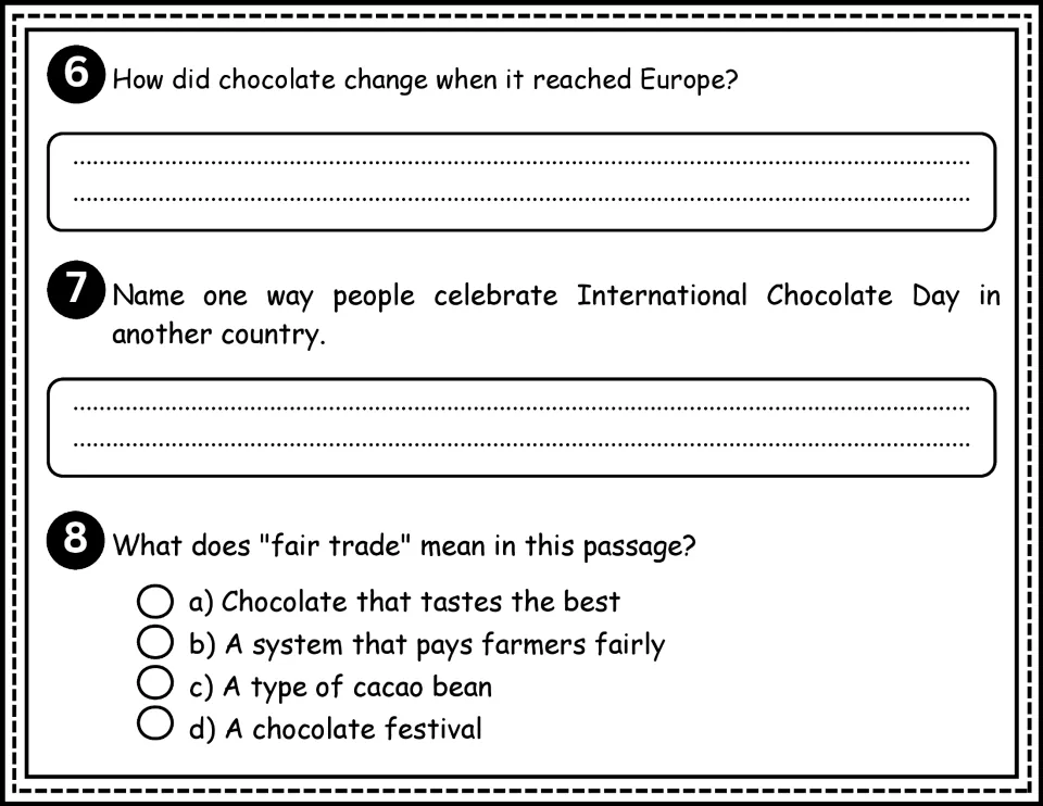 Questions 6–8 ask how chocolate changed in Europe, how other countries celebrate, and what fair trade means