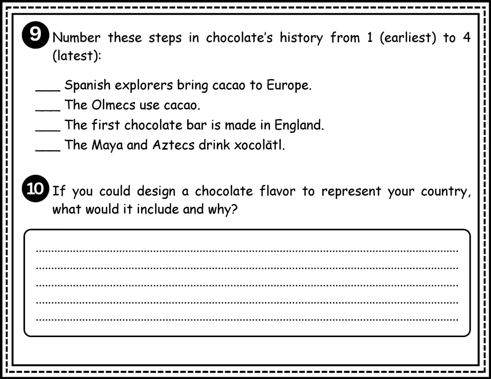 Questions 9–10 ask students to sequence chocolate history and design a flavor to represent their country