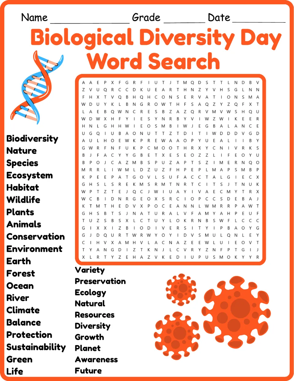 Color version of the biodiversity word search: 30 words including species, habitat, and conservation.