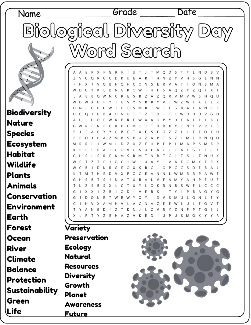 Black-and-white version of the same 30-word search, including ecosystem, wildlife, and sustainability.